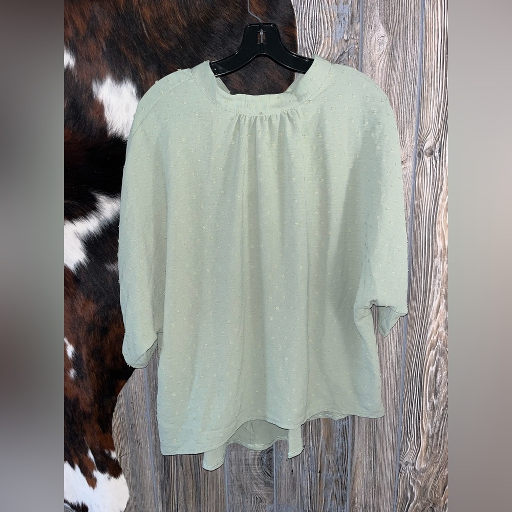 Shein size 0XL sage green Swiss dot with tie neck blouse in like new condition